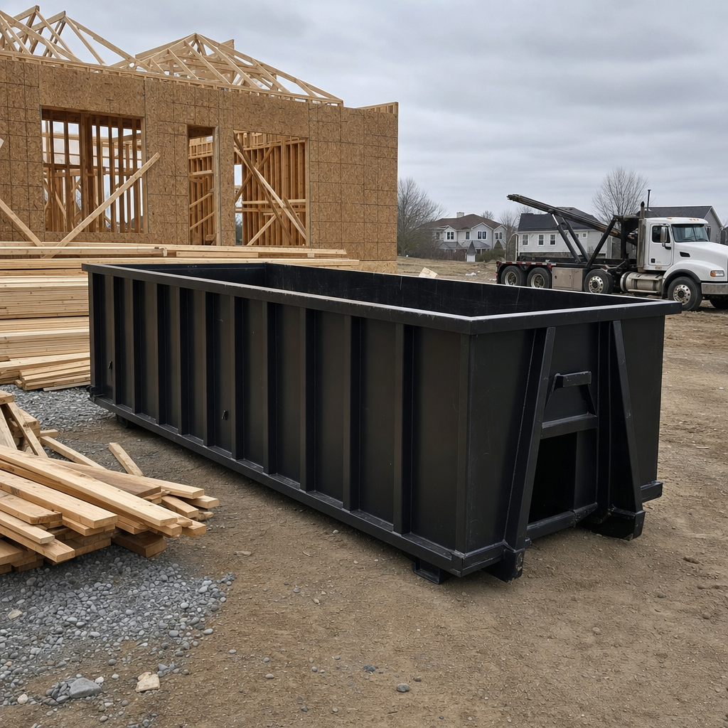 Matte-black 40-yard roll-off dumpster staged on a framed-out residential construction site in Newport Beach, framing lumber stacked nearby, hooklift delivery truck visible in the background under bright Colorado daylight