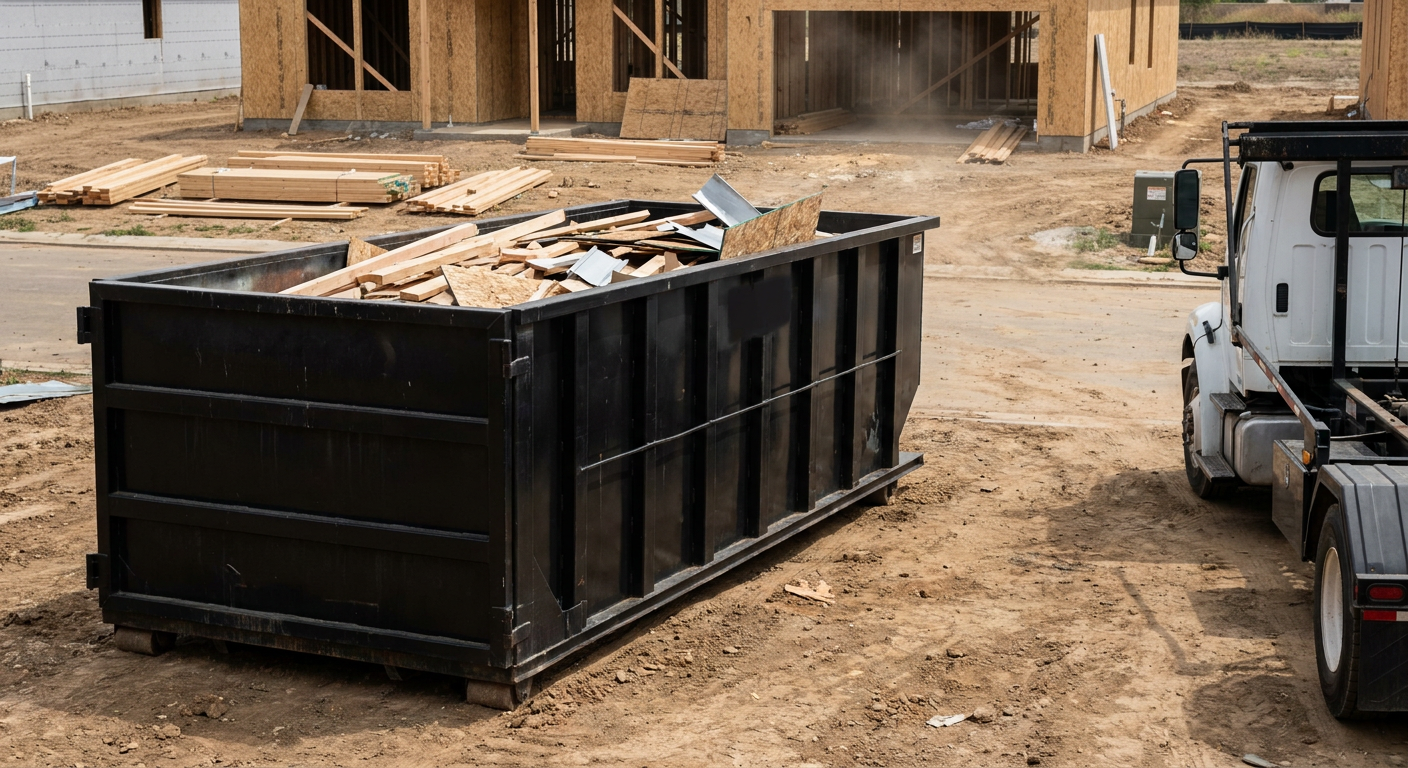 Matte-black 20-yard roll-off construction dumpster with heavy ribbed steel sidewalls and swing rear doors at a working jobsite in Newport Beach, sitting directly on compacted dirt with an unmarked white hauler partially visible at the far edge of the frame.