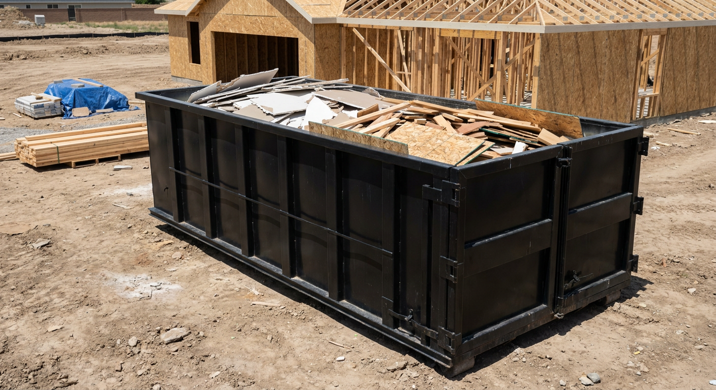 Matte-black 30-yard roll-off construction dumpster sitting directly on the compacted-dirt site of a framed single-family home build in Newport Beach, drywall and lumber scrap loaded inside.