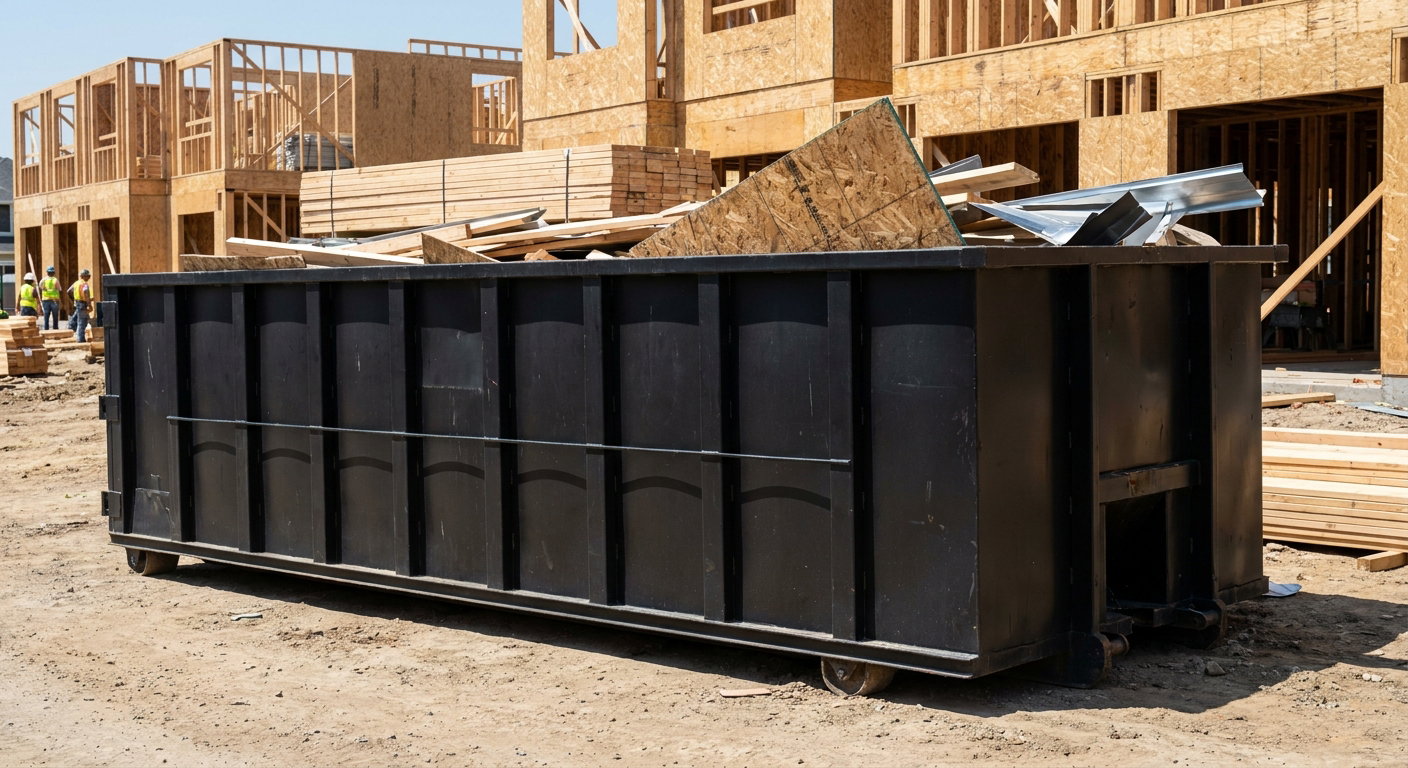 Matte-black 40-yard roll-off construction dumpster being lowered from a white-cab hooklift delivery truck onto the compacted-dirt jobsite at a commercial build site in Newport Beach