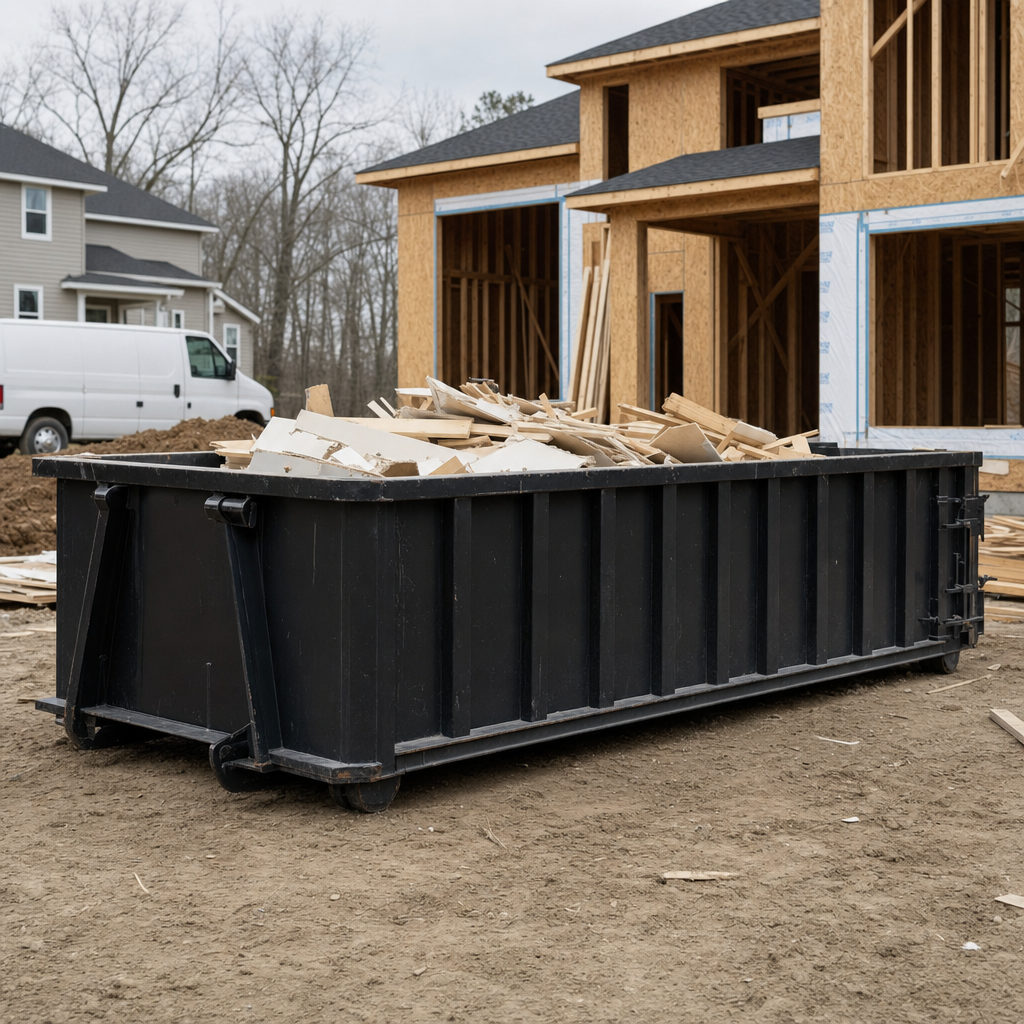 Worker in a yellow high-visibility vest tossing framing lumber and broken drywall into a matte-black 30-yard construction roll-off dumpster on an active build site in Newport Beach, bright daylight