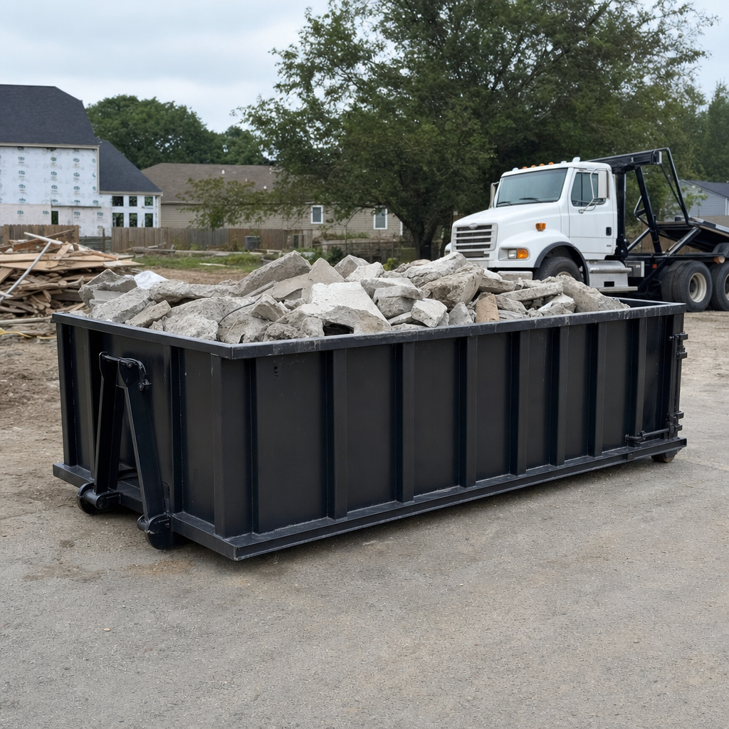 Low-profile matte-black lowboy roll-off dumpster loaded with broken concrete slab and rebar at a foundation tear-out in Newport Beach, skid steer parked beside it, sunny Colorado morning
