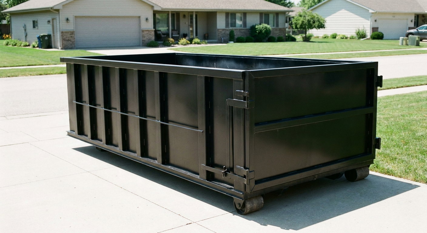 Matte-black 10-yard roll-off dumpster on a residential concrete driveway in Newport Beach, uniformly painted matte black across every panel and rail, ribbed steel sidewalls and rear swing door visible, mid-day daylight.