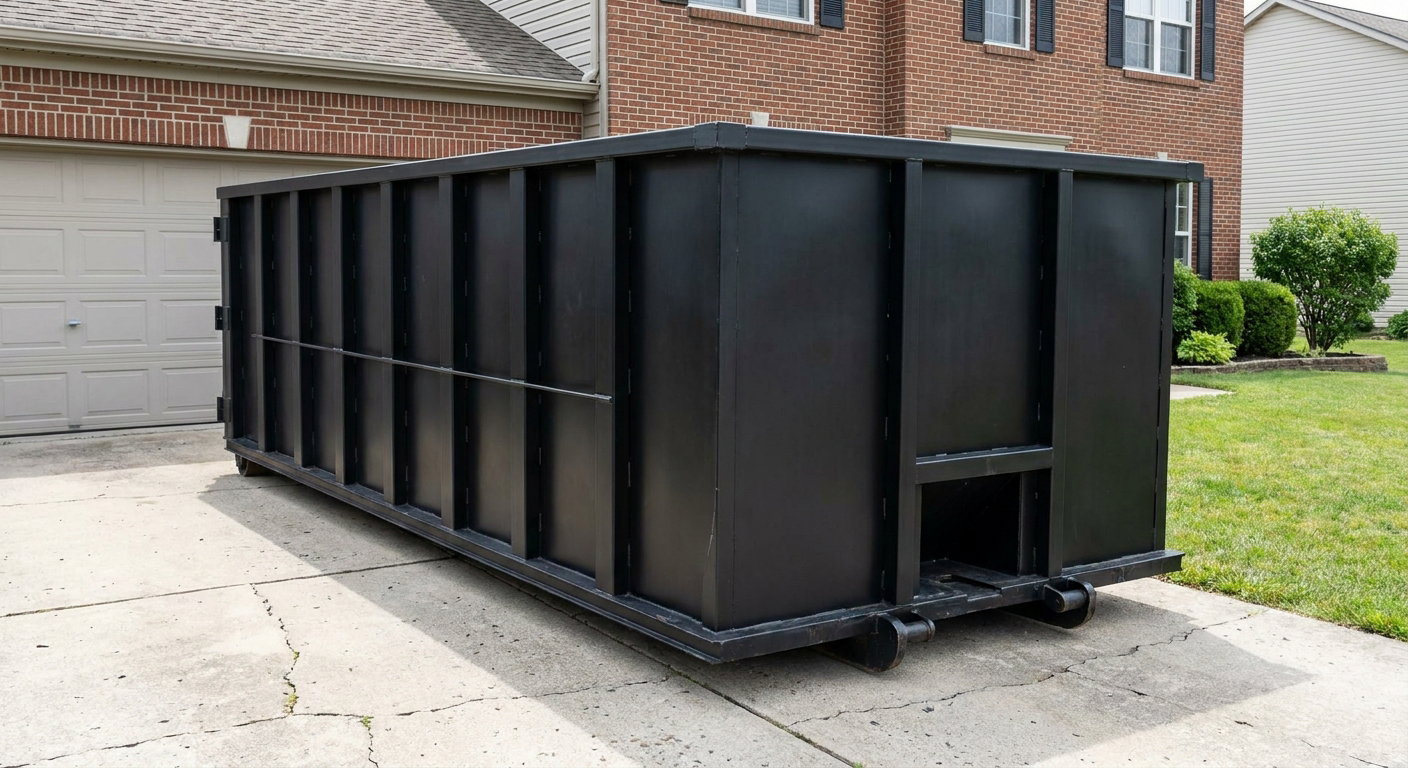 Matte-black 20-yard roll-off container on a Newport Beach residential concrete driveway with reinforced ribbed steel sidewalls and a hinged rear walk-in door, clean bright daylight.