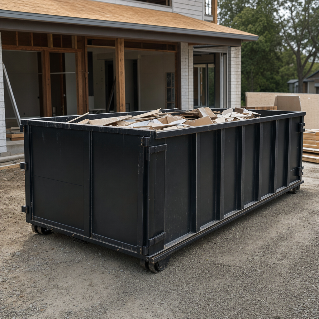 Large matte-black 30-yard construction roll-off dumpster at an active Newport Beach jobsite, steel-gray top rails and bottom rollers visible, loaded with construction debris.
