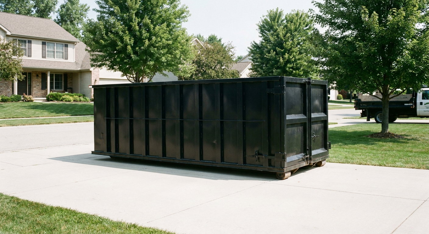 Matte-black 20-yard roll-off dumpster sitting level on a clean Newport Beach residential concrete driveway under bright daylight, demonstrating clean placement directly on the concrete.