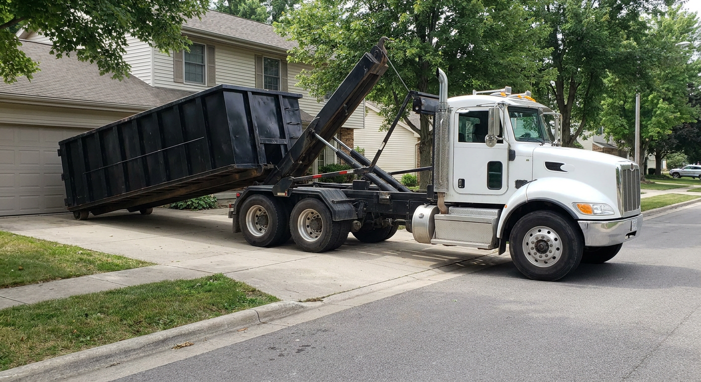 White-cab hooklift roll-off truck actively lowering a matte-black dumpster onto a Newport Beach residential concrete driveway, the dumpster's rear wheels touching the driveway as the hoist arm tilts the bed forward, mid-morning daylight.