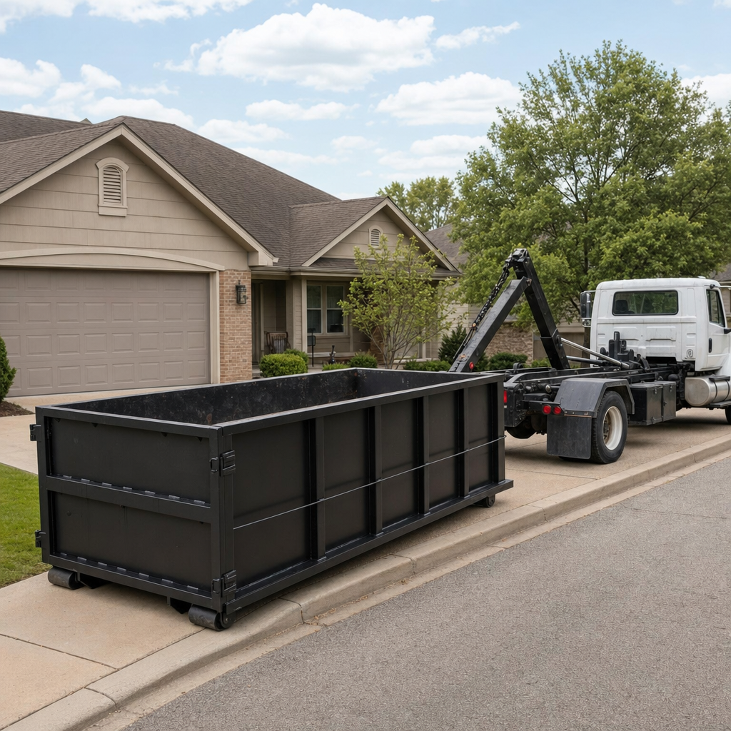 Wide documentary shot of a matte-black roll-off dumpster on a Newport Beach residential driveway in the foreground and a contractor jobsite container in the soft-focus background, bright daylight, calm and orderly composition.