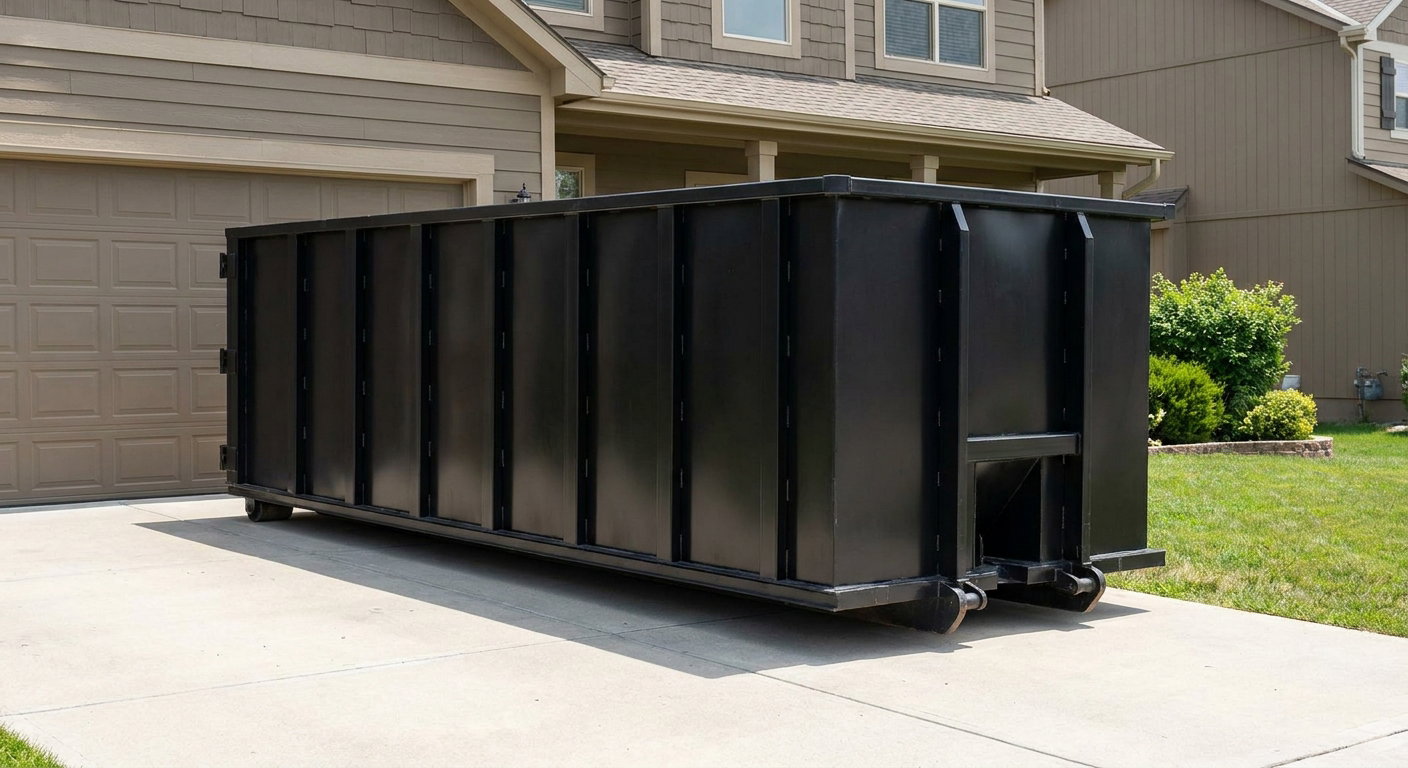 Matte-black residential roll-off dumpster sitting directly on a suburban Newport Beach concrete driveway, garage door closed, single-family home in background, bright morning daylight.