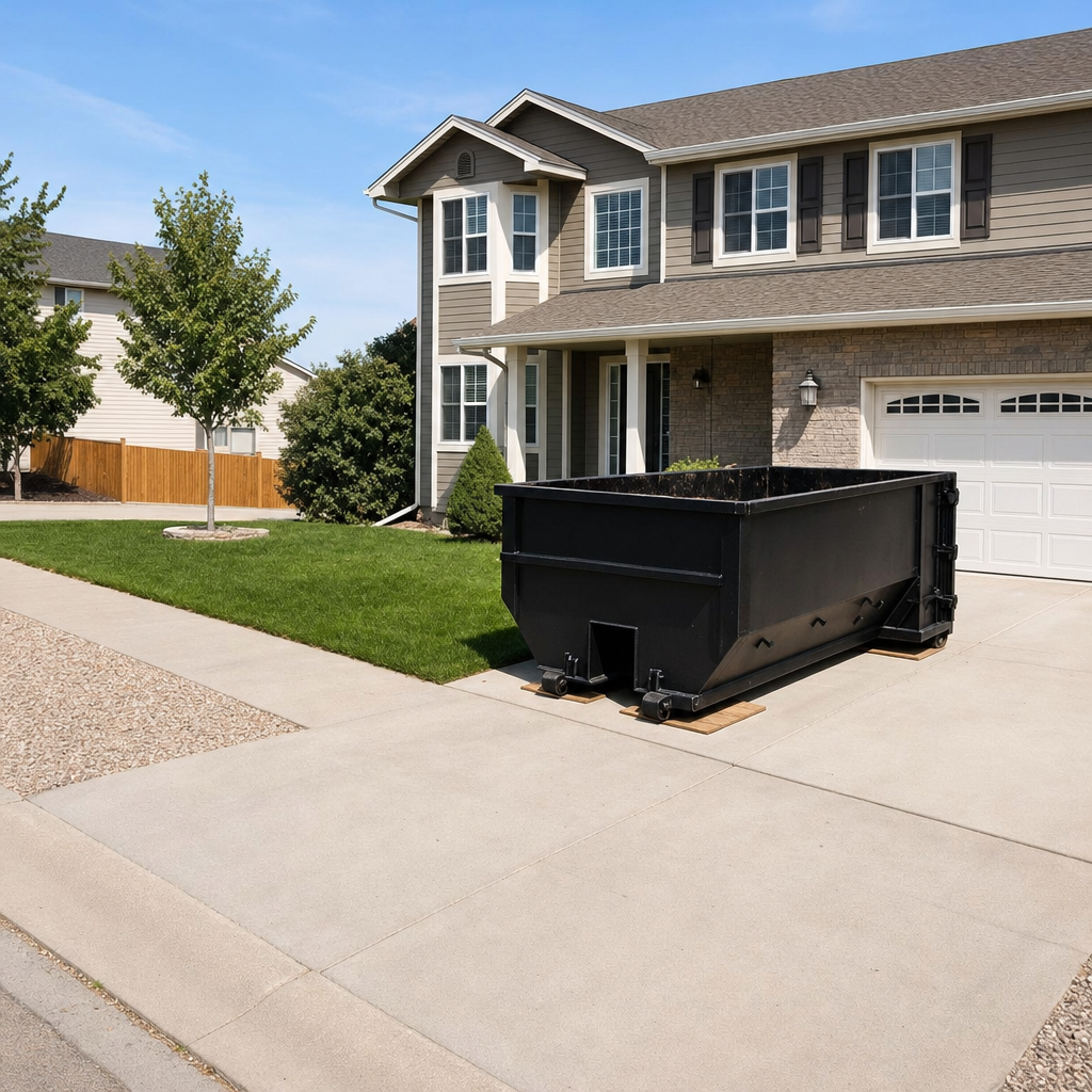 10-yard matte-black residential dumpster placed directly on a narrow Newport Beach concrete driveway, room remains for a parked sedan beside it, mid-morning natural light