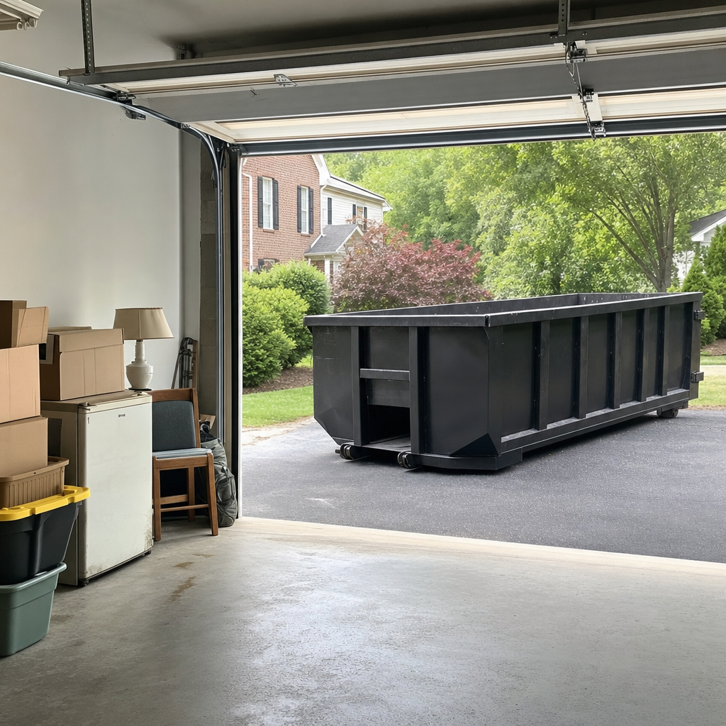 Open garage interior in a Newport Beach home mid-cleanout — boxed items, an old appliance, and stacked yard tools queued near the driveway for a matte-black roll-off dumpster, organized and calm