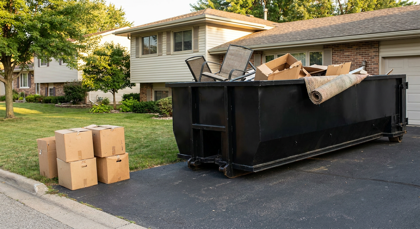 Front-yard view of a Newport Beach split-level home with a 20-yard matte-black roll-off dumpster sitting directly on the asphalt driveway, a few clearly labeled donation boxes staged at the curb, calm sunny afternoon.