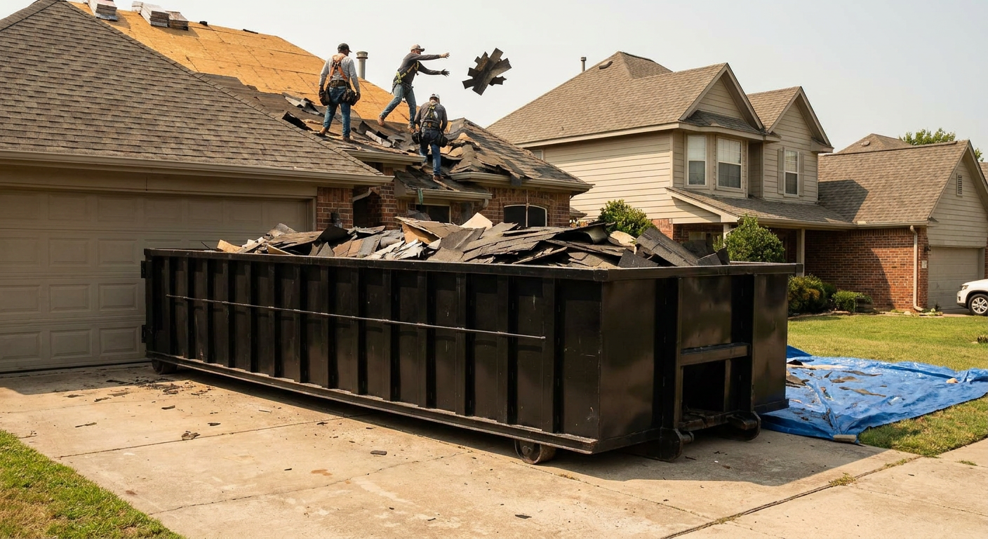 Matte-black roofing roll-off dumpster placed directly on a Newport Beach residential concrete driveway, a tear-off crew on a two-story asphalt-shingle roof tossing shingle bundles into the low-walled container, bright daylight, documentary 35mm perspective.