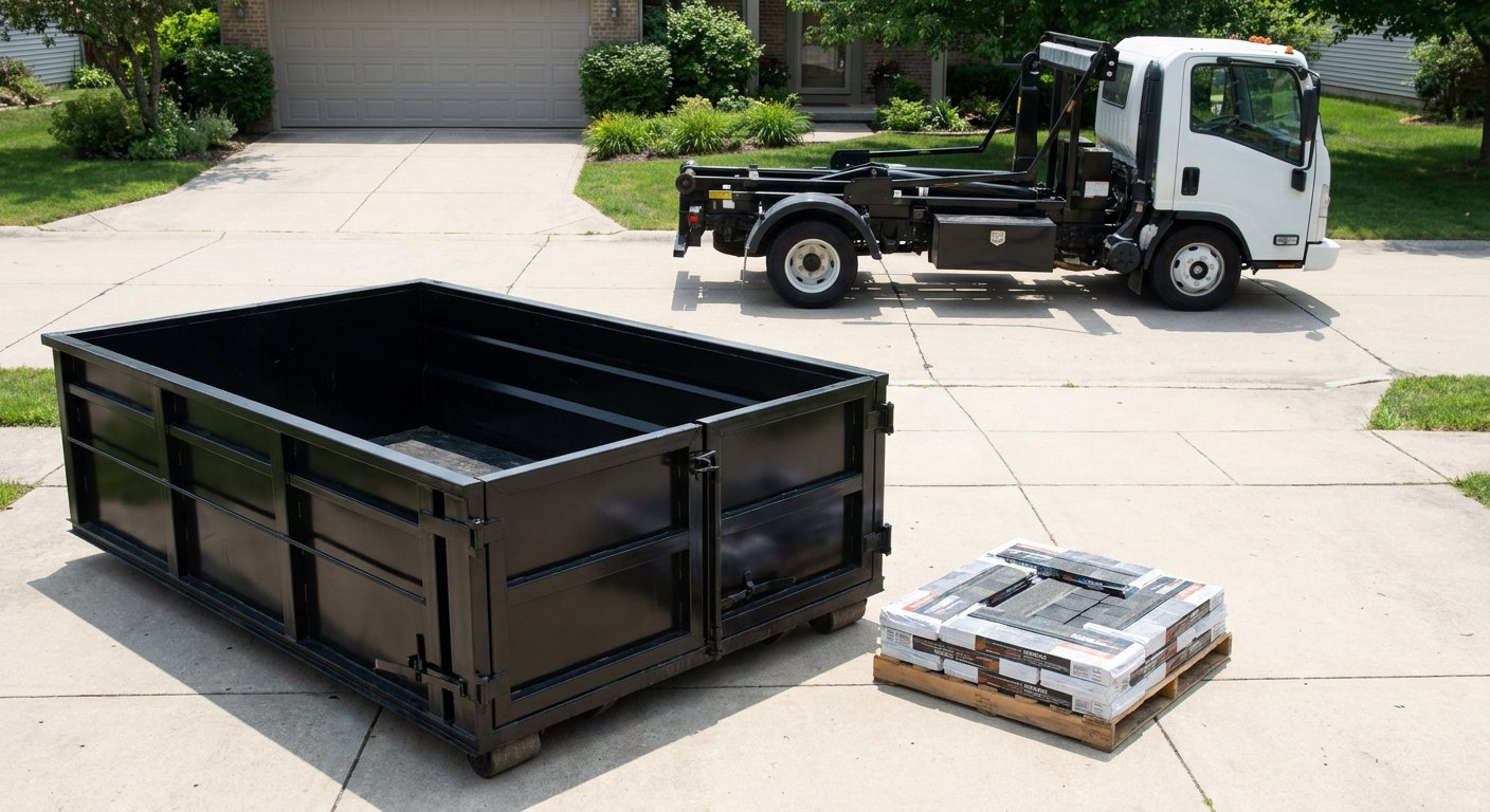 Matte-black 15-yard roofing roll-off dumpster with reinforced low side walls sitting directly on a Newport Beach residential concrete driveway, three-tab asphalt shingle bundles stacked nearby, an unmarked white hauler truck partially visible at the edge of the frame.