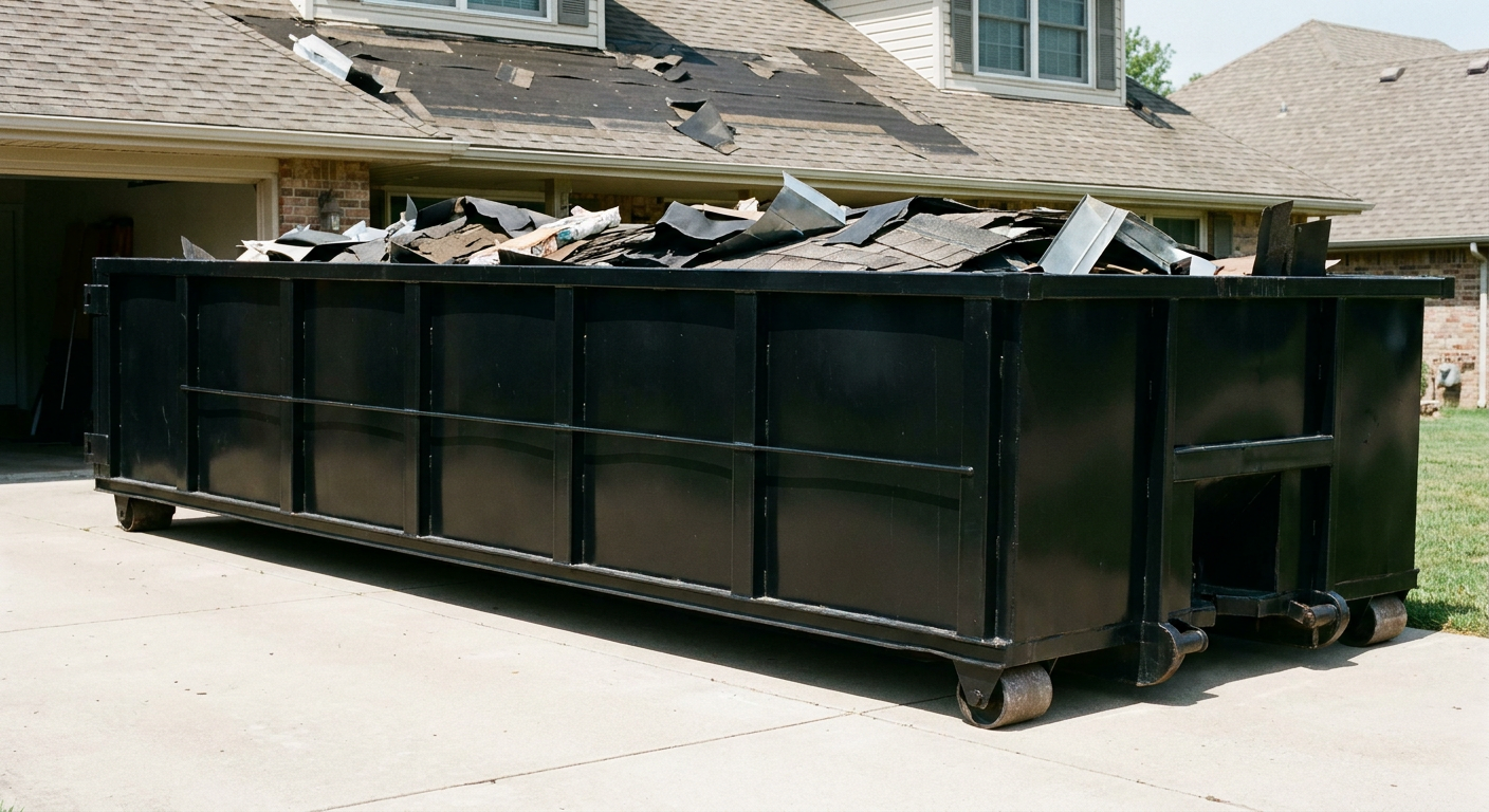 Matte-black 20-yard roofing roll-off dumpster with steel ribbed sides and swinging rear door, sitting directly on the concrete driveway of a two-story Newport Beach home, asphalt shingle debris being loaded over the low wall, clean documentary lighting.