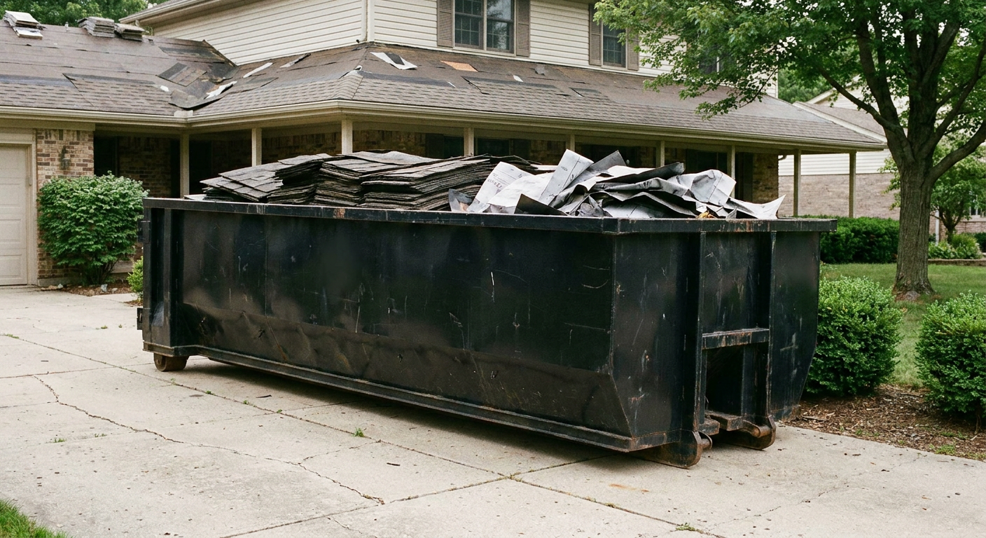 Matte-black 30-yard roofing roll-off dumpster sitting directly on a Newport Beach concrete driveway, taller ribbed steel side panels, mixed tear-off debris of asphalt shingles and underlayment inside, professional documentary daylight.