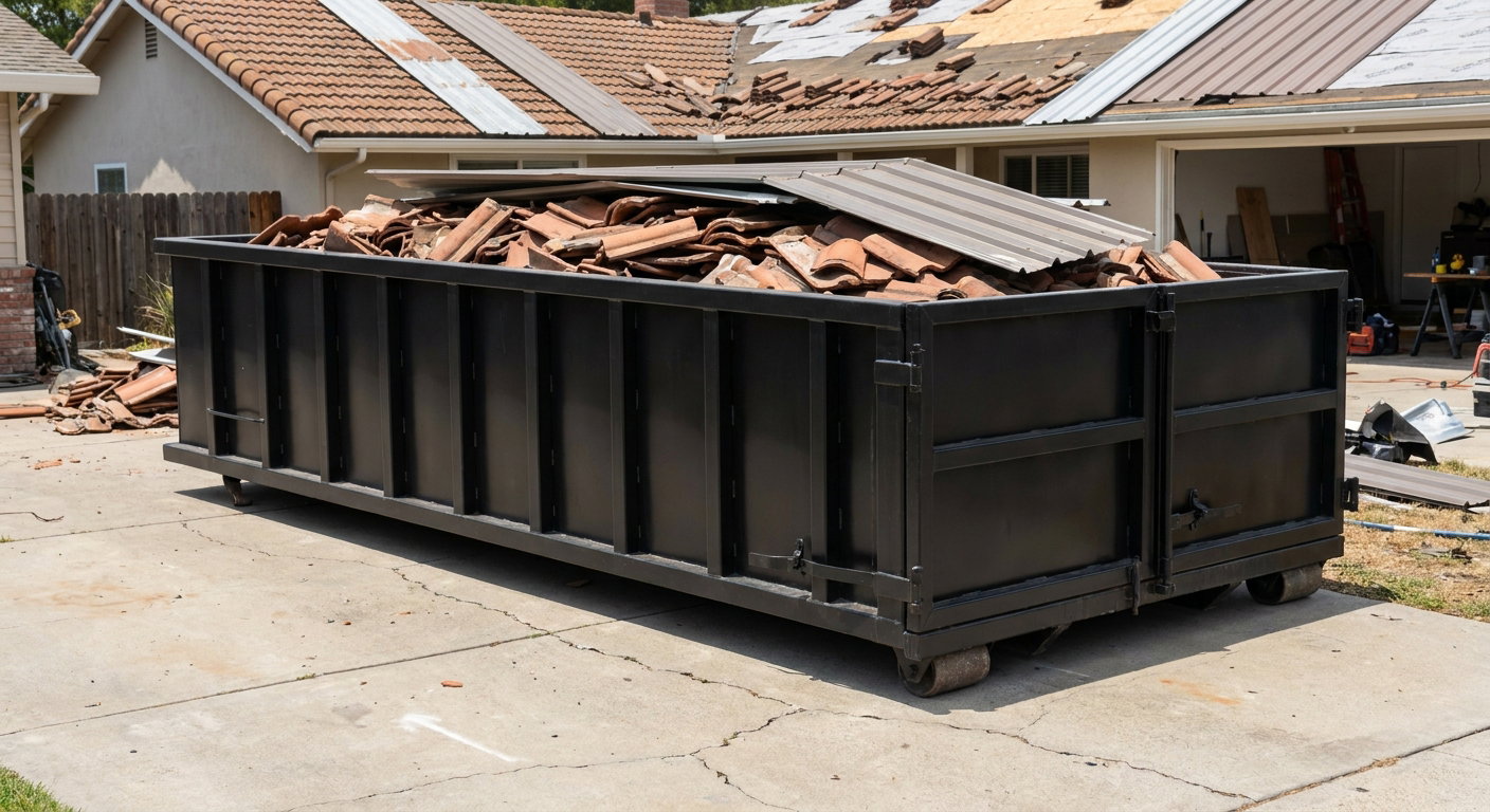 Matte-black low-wall heavy-debris roofing roll-off dumpster sitting directly on a Newport Beach concrete driveway, broken concrete clay roof tiles and metal panel sections loaded inside, reinforced ribbed steel side walls visible, bright outdoor daylight.
