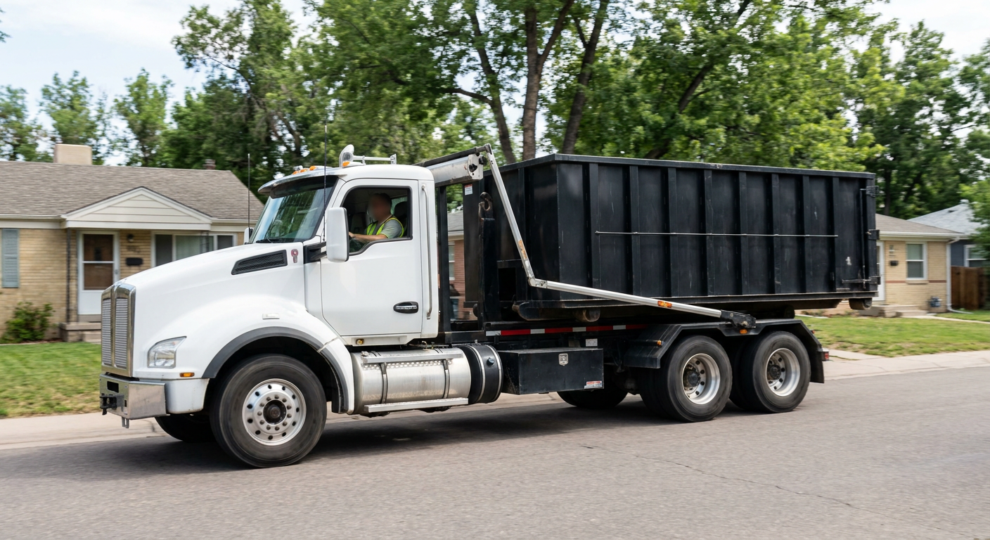 A wide documentary shot of a matte-black roll-off delivery truck pulling onto a quiet Newport Beach residential street at mid-morning, with neighborhood rooftops and tree-lined blocks visible behind, showing the metro coverage footprint.