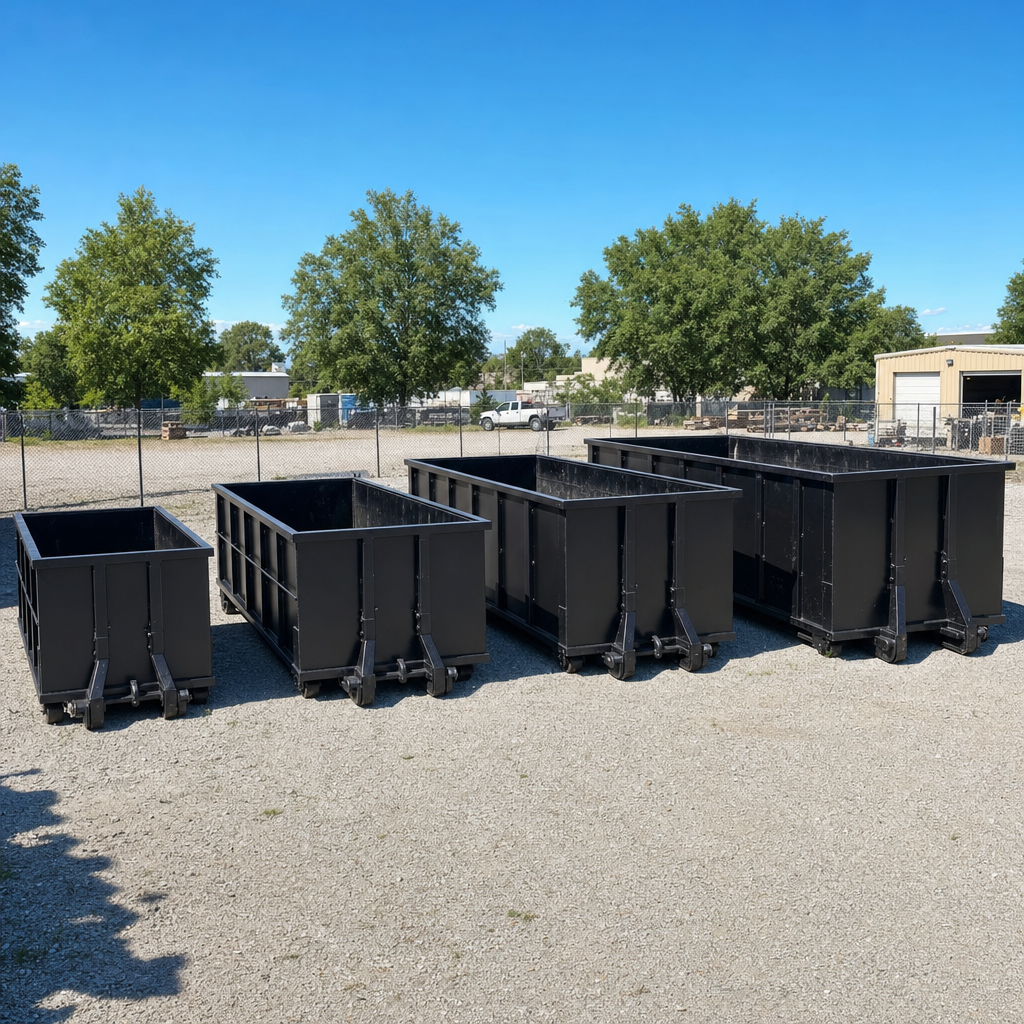 A clean lineup of matte-black roll-off dumpsters in 10, 20, 30, and 40-yard sizes staged on a sunlit gravel yard in Newport Beach, showing the size progression from compact to commercial-scale containers.