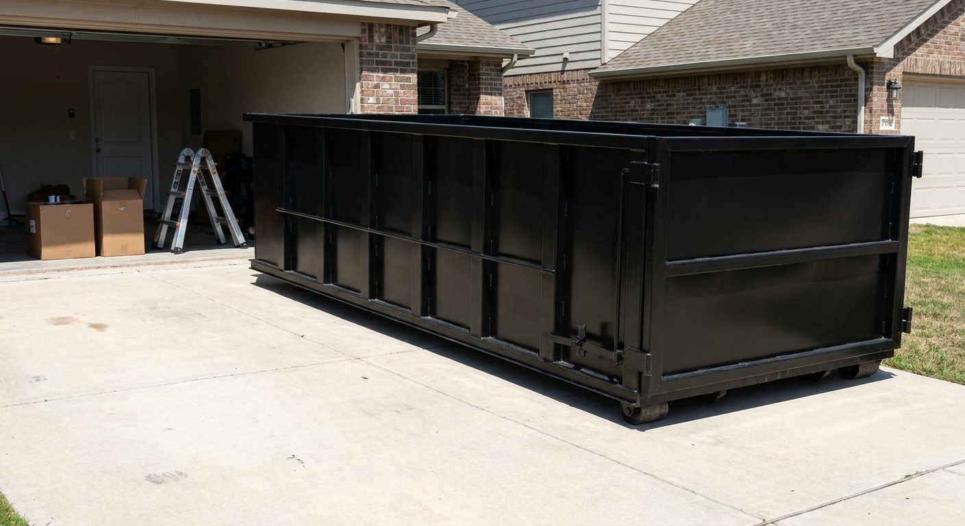 A matte-black 10-yard roll-off dumpster sitting directly on a residential Newport Beach concrete driveway, mid-day sunlight, clean and ready for a garage cleanout.