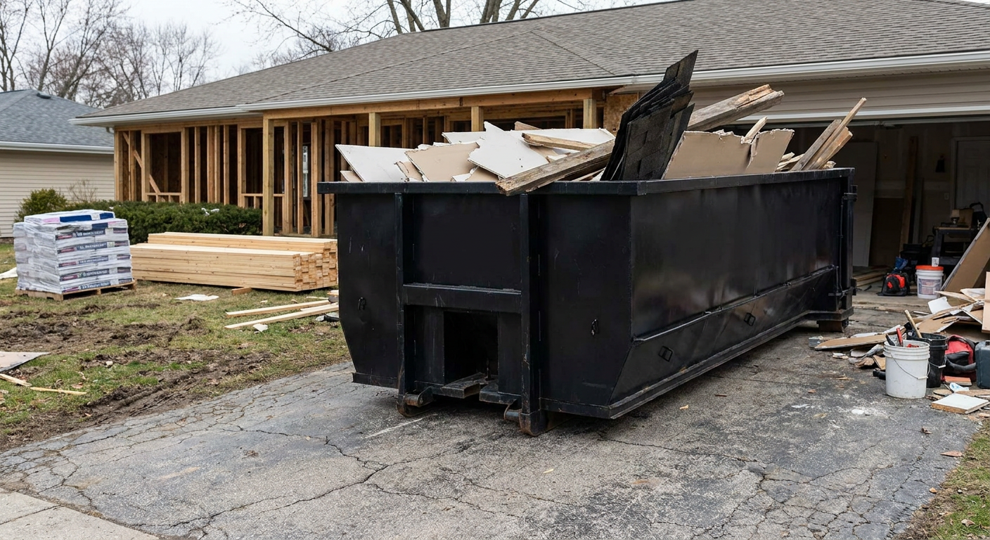 A matte-black 20-yard roll-off dumpster placed alongside a mid-renovation Newport Beach home directly on the asphalt driveway, with framing materials and torn-off shingles staged neatly nearby.