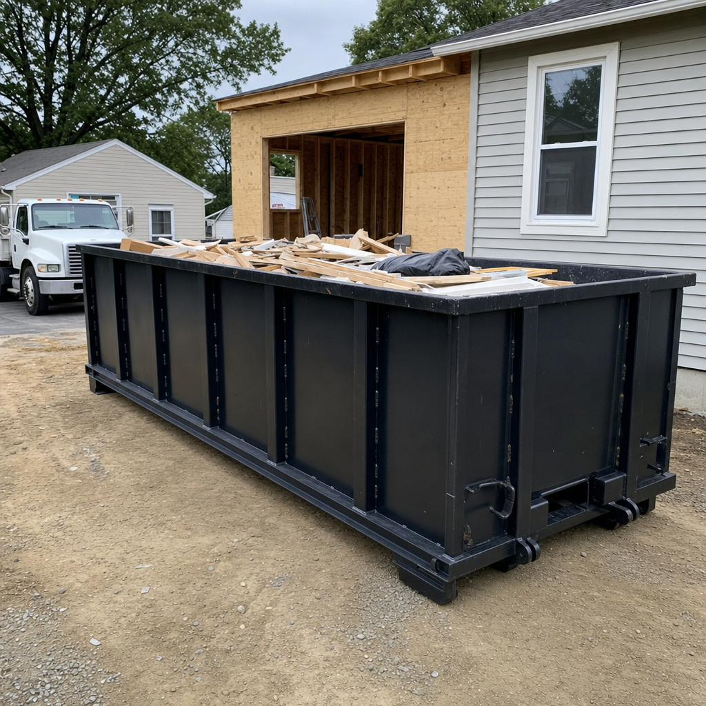 A matte-black 30-yard roll-off dumpster positioned at a Newport Beach residential addition jobsite, with framing lumber and drywall scraps loaded through the open swinging rear doors.