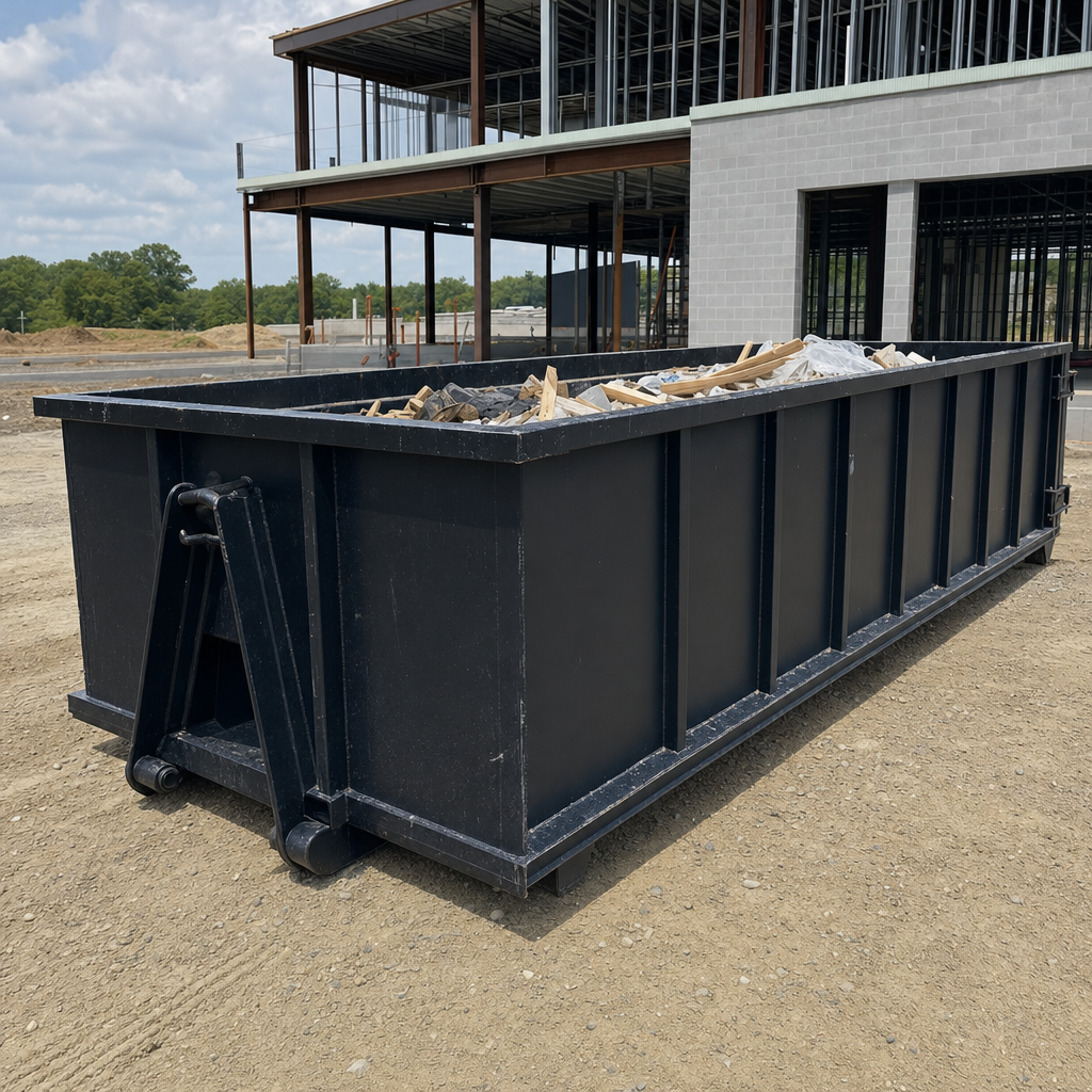 A matte-black 40-yard roll-off dumpster staged on a large Newport Beach commercial construction lot, with a hooklift delivery truck parked alongside under bright midday sky.