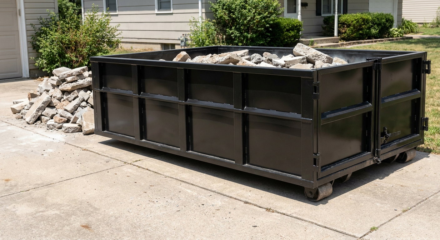 A matte-black low-side heavy-debris roll-off dumpster placed directly on a Newport Beach concrete driveway, with broken concrete chunks neatly stacked beside it under clean daylight.